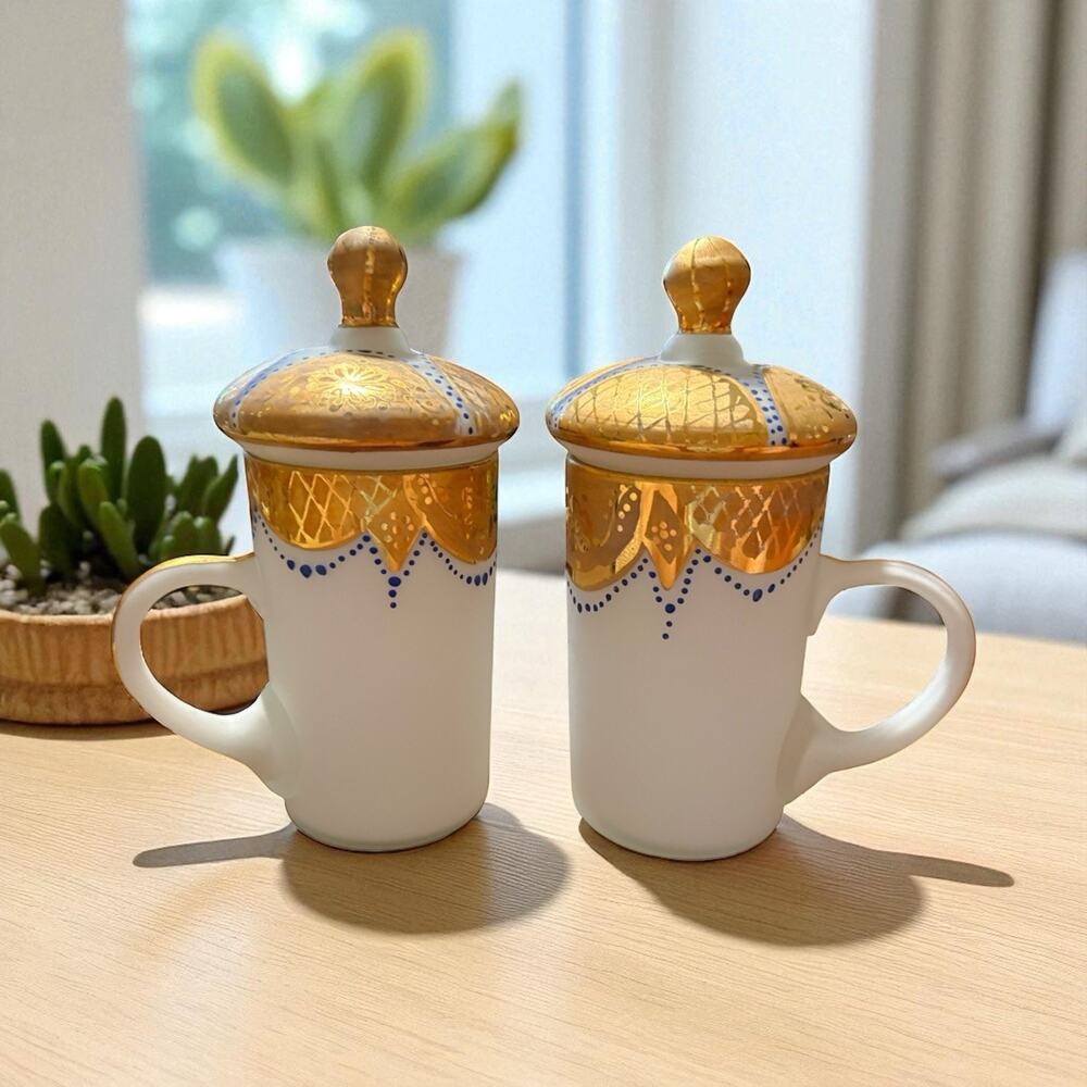 2 Vintage Benjarong Hand Painted Porcelain Cup Mug with Lid Made in Thailand
